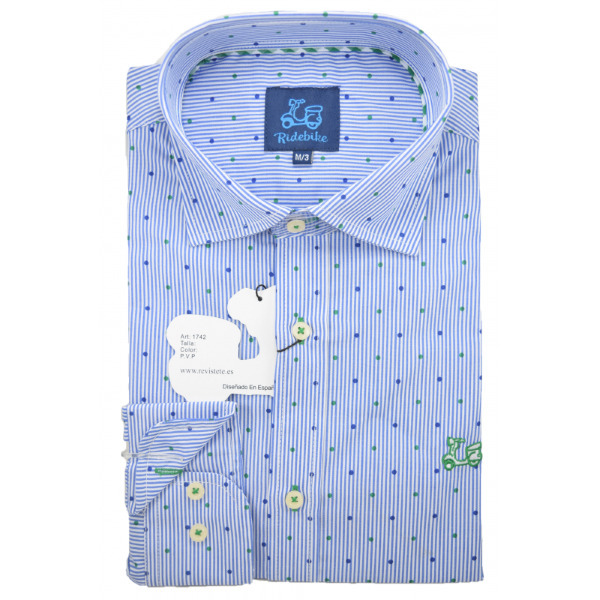Camisa de rayas con topitos cuello italiano 1 Camisa de rayas con topitos cuello italiano